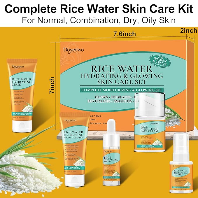 Skin Care Set,Glass Skincare for Women Teen w/ Korean Rice Extract,Hydrate Glow Repair Anti-Aging Facial Routine Kit Gift Set for Womens Mother Wife Sister Teens Girl Unique Birthday Christmas Gifts