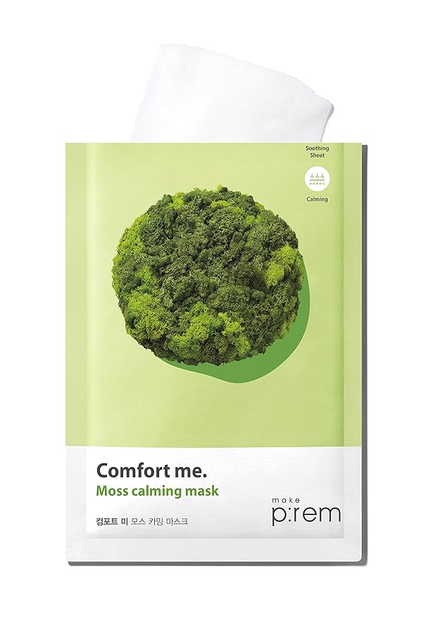 MAKE P:REM Comfort Me. Moss Calming Mask, Korean Facial Sheet Mask, EWG Green, Soothing & Hydrating Face Mask, EVE VEGAN, 28ml, 0.94 Fl.Oz. x 10EA