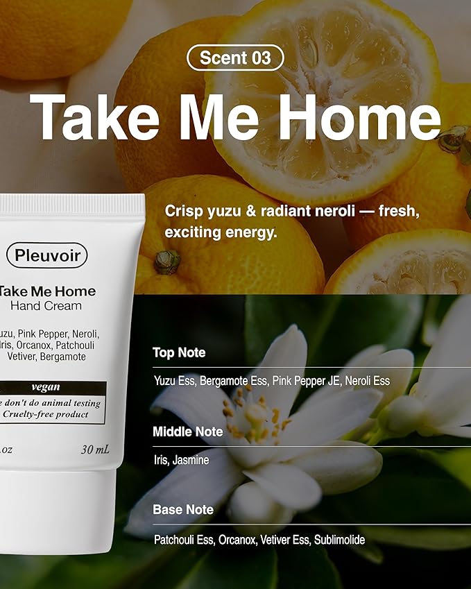 Pleuvoir Hand Cream Take Me Home - Crisp Yuzu Neroli Citrus Floral Scent - Lightweight, Non-Sticky Moisturizing with Shea Butter, Hyaluronic Acid and Jojoba Oil - Vegan Korean K-Beauty, 1oz