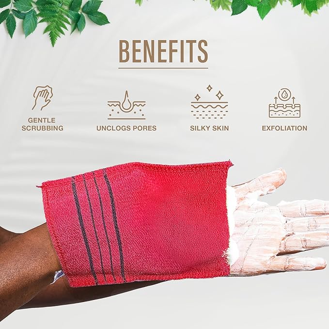 Sheanefit Exfoliating Bath Washcloth - Premium Korean Body Scrubber Crafted from Durable 100% Rayon Viscose for Spa-Like Skin Treatment at Home (6, Red)