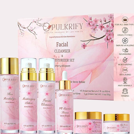 Luxurious Korean Style Cherry Blossom Facial Cleanser & Moisturizer Set Facial Cleanser, Moisturizer, Revitalizer, Serum, Rejuvenator, Eye Cream, Daily Skincare Routine, Retinol-Free, All-skin types