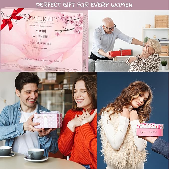 Luxurious Korean Style Cherry Blossom Facial Cleanser & Moisturizer Set Facial Cleanser, Moisturizer, Revitalizer, Serum, Rejuvenator, Eye Cream, Daily Skincare Routine, Retinol-Free, All-skin types