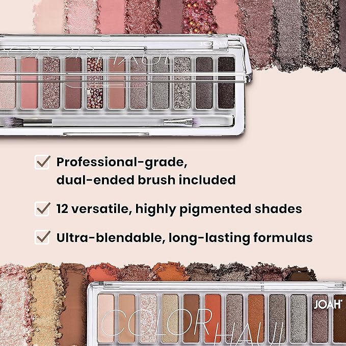 JOAH Color Haul Eyeshadow Palette, Travel Size Eye Makeup Kit, Matte & Shimmer Eyeshadow, Korean Makeup, 12 Highly Pigmented, Super Bendable Soft & Deep Colors, Includes Brush, First Dance